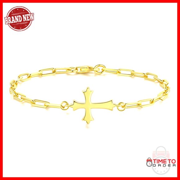 14K Gold Paperclip Bracelet Minimalist Elegant Cross Charm Adjustable Sizes